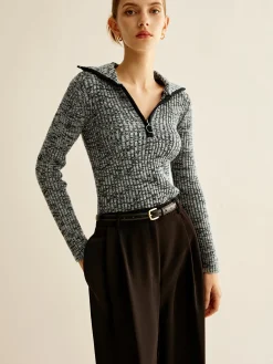 Best Vintage Contrast Trim Zipper Knit Top Sweater Tops|Sweaters & Cardigans