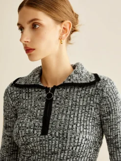 Best Vintage Contrast Trim Zipper Knit Top Sweater Tops|Sweaters & Cardigans