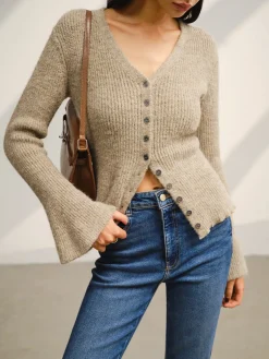 Discount V-Neck Bell Sleeve Button Cardigan Cardigans|Sweaters & Cardigans