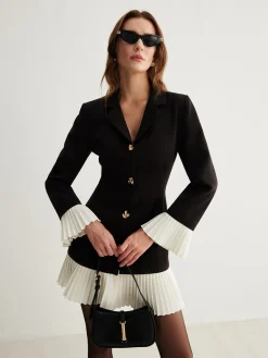 New V-Neck Two-Tone Pleated Button Dress Black Dresses|Casual Dresses