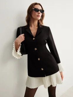New V-Neck Two-Tone Pleated Button Dress Black Dresses|Casual Dresses