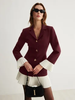 Discount V-Neck Two-Tone Pleated Button Dress Casual Dresses|Work Dresses