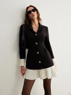 Discount V-Neck Two-Tone Pleated Button Dress Casual Dresses|Work Dresses