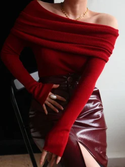 Discount Wool-Blend Elegant Ruched Slim Sweater Sweater Tops|Sweaters & Cardigans