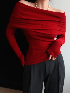 Discount Wool-Blend Elegant Ruched Slim Sweater Sweater Tops|Sweaters & Cardigans
