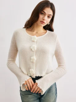 Best Wool-Blend Lettuce Trim 3D Flower Cardigan Cardigans|Sweaters & Cardigans