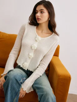 Best Wool-Blend Lettuce Trim 3D Flower Cardigan Cardigans|Sweaters & Cardigans