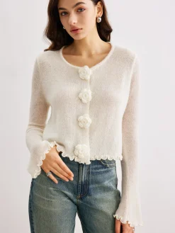 Wool-Blend Lettuce Trim 3D Flower Cardigan Cardigans|Sweaters & Cardigans
