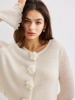 Wool-Blend Lettuce Trim 3D Flower Cardigan Cardigans|Sweaters & Cardigans