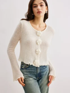 Wool-Blend Lettuce Trim 3D Flower Cardigan Cardigans|Sweaters & Cardigans