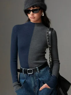 Hot Wool-Blend Two Tone Skinny Knit Top Sweater Tops|Sweaters & Cardigans
