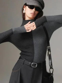 Hot Wool-Blend Two Tone Skinny Knit Top Sweater Tops|Sweaters & Cardigans