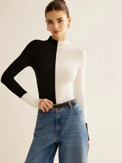 Clearance Wool-Blend Two Tone Skinny Knit Top Sweater Tops|Sweaters & Cardigans