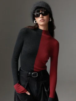 Clearance Wool-Blend Two Tone Skinny Knit Top Sweater Tops|Sweaters & Cardigans