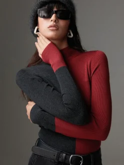 Clearance Wool-Blend Two Tone Skinny Knit Top Sweater Tops|Sweaters & Cardigans