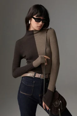 Clearance Wool-Blend Two Tone Skinny Knit Top Sweater Tops|Sweaters & Cardigans